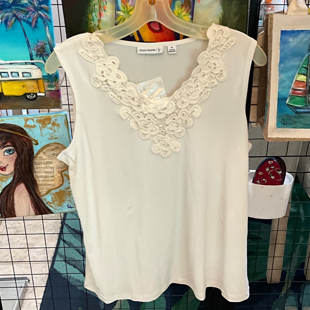 Susan Graver Cream Lace Trim Blouse